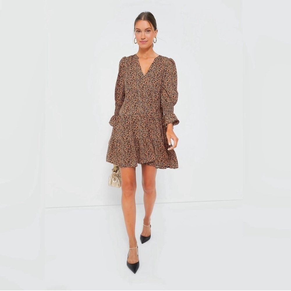 Pomander Place NEW Long Sleeve Brown Cheetah V Neck Crepe Kenzo Mini Dress XS